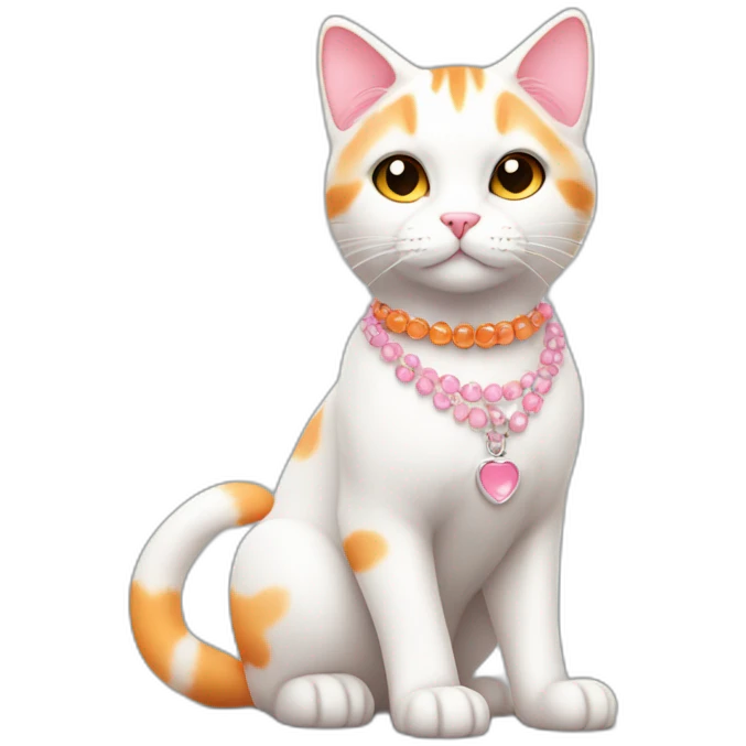 full body white orange cat cute with a small black eyes and a paw pink necklace emoji