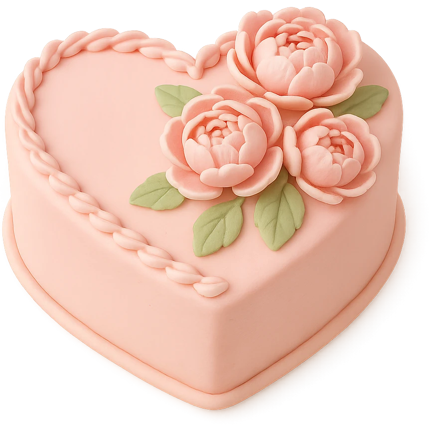heart-shaped fondant cake with piped peonies, fondant cake art style emoji