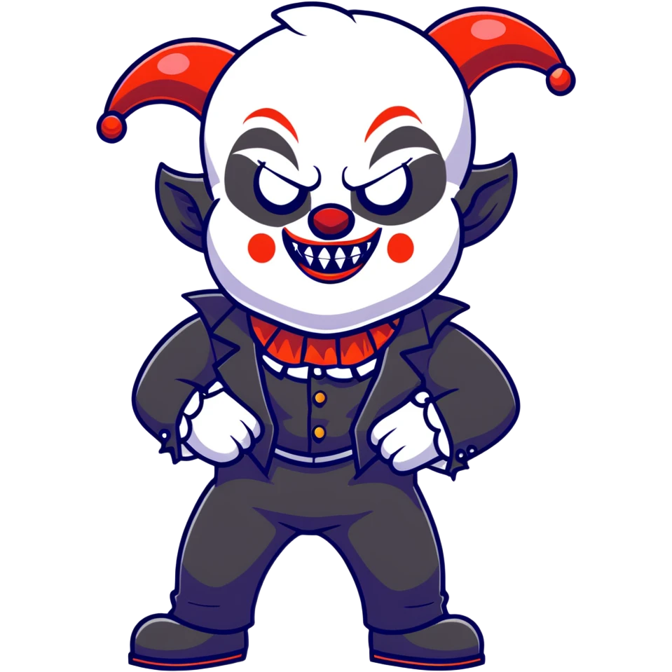 full-body muscular demonic clown in black and white leisure suit with bellbottom pants, bald, black ram horns, flashy black and white belt, ruffled white shirt, no neck tie, large fangs, cartoon sticker style emoji