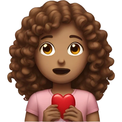 Girl with brown curly hair crying and holding a red heart emoji