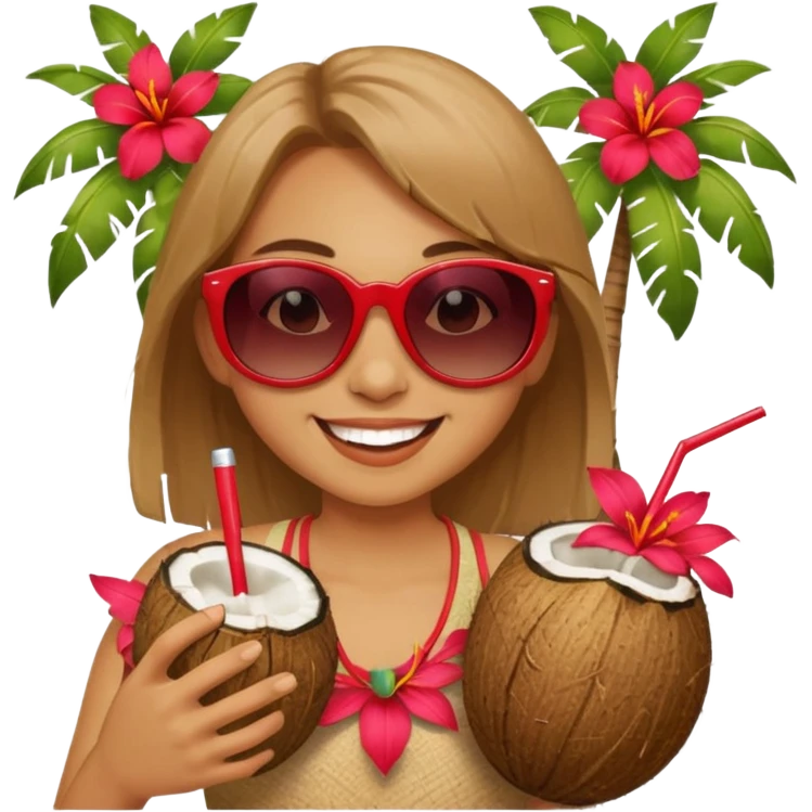 coconut drink with red flowers and summer vibe, with sunglasses and smiling emoji