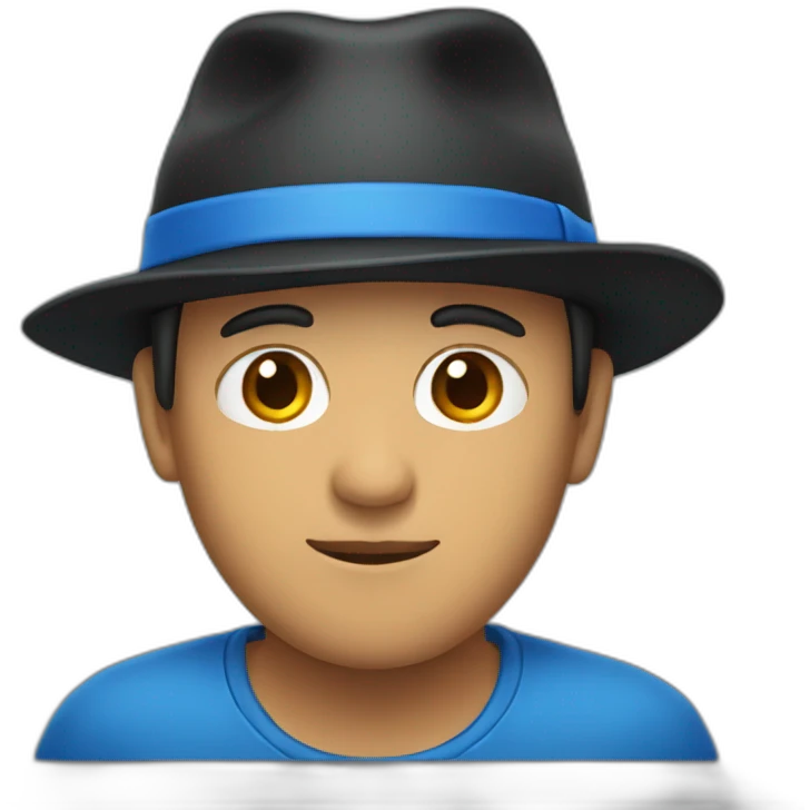 A person wearing a blue shirt and a black hat emoji