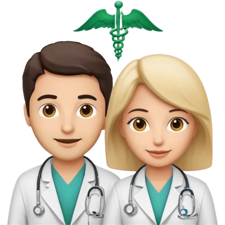 A cute cartoon-style emoji of a Saudi male and female doctors wearing white lab coats with the Alfarabi Medical Laboratories logo. Friendly smiles, soft colors, and simple features, suitable for medical branding and social media. emoji