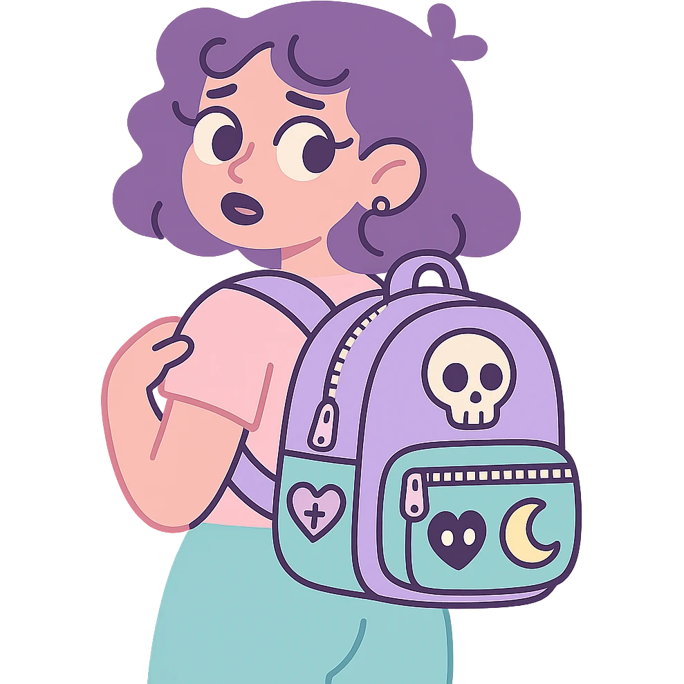 pastel goth backpack, pastel colors, silver zippers, cute gothic motifs emoji