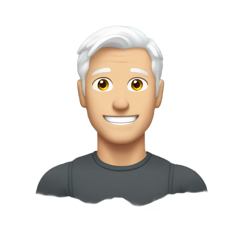 smiling white man with white hair by window with muscular chest with snow background no mustache emoji