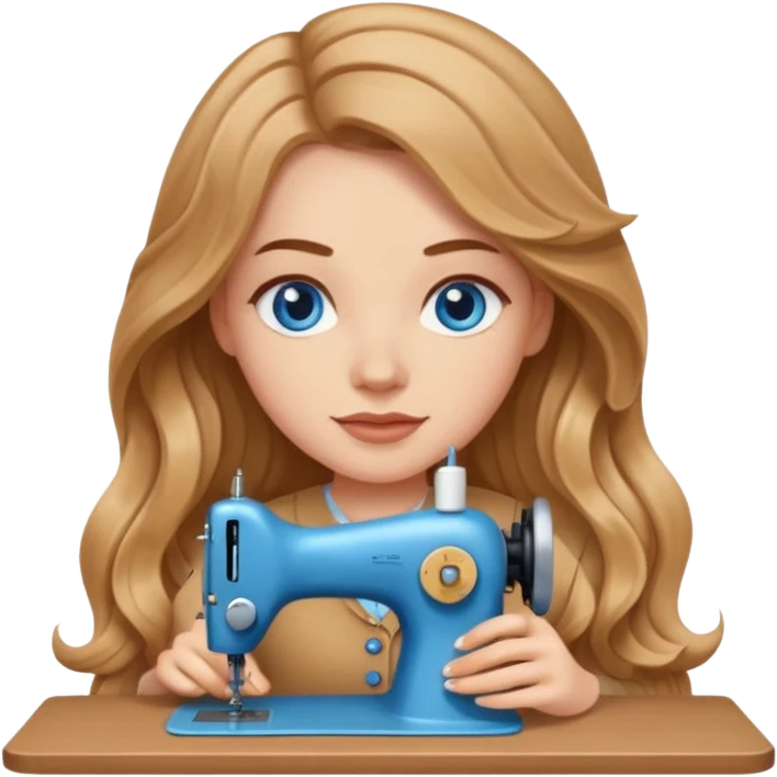 White Girl with light brown wavy long hair and blue eyes sewing emoji