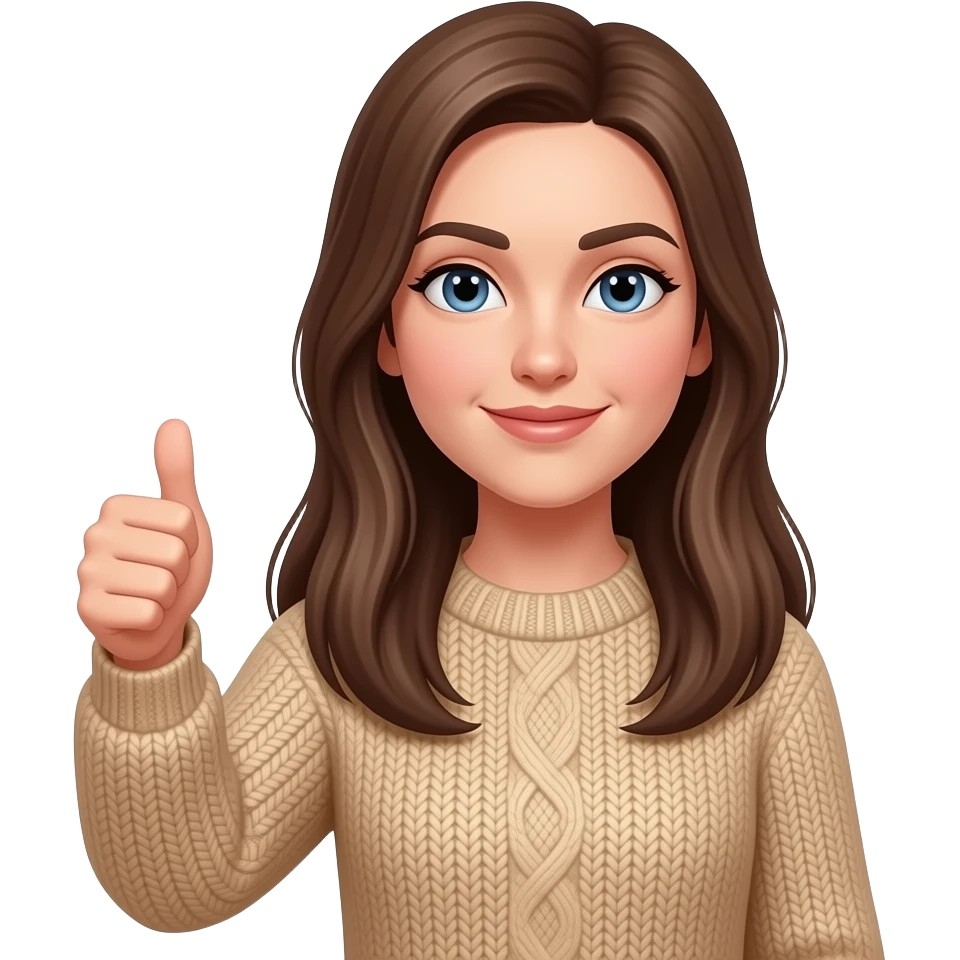 Woman. Long straight Brown hair. Blue Eyes. Beige sweater. raise an eyebrow  with a thumbs up emoji
