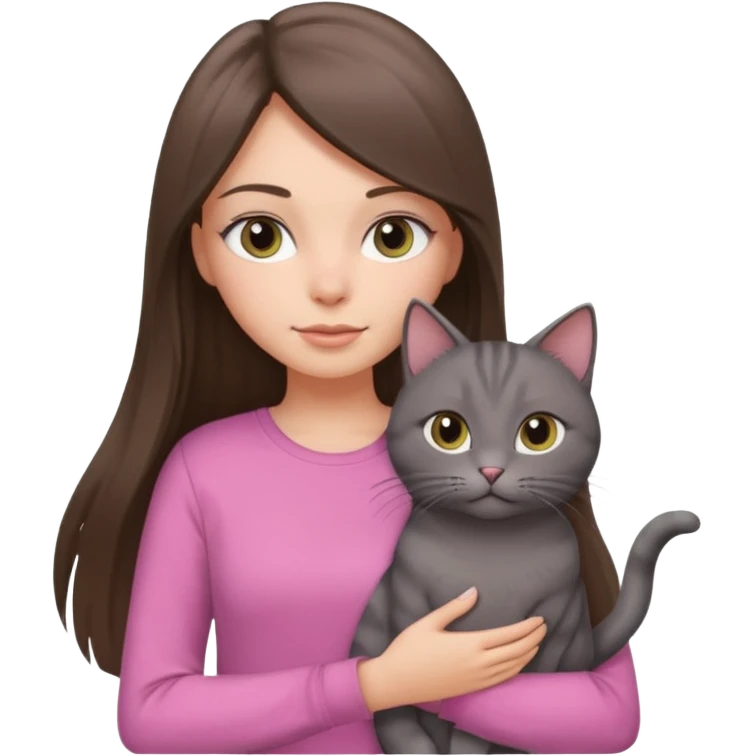 a white girl with brunette long straight hair holding a grey cat. the girl has long lashes and has on a pink shirt. emoji