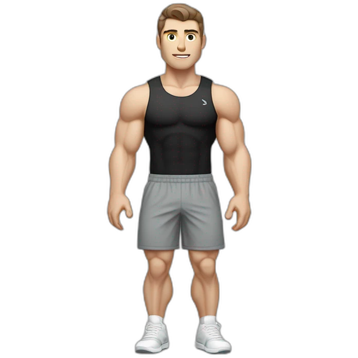 Pale skinned Fit Man With the biceps and dark brown hair in black shirt, gray sports shorts and white Sneakers Relies on the crossbar emoji