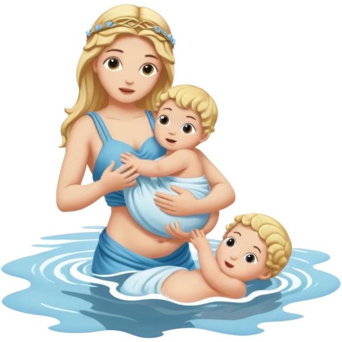 greek goddess dipping baby in river holding baby upside down by ankle emoji