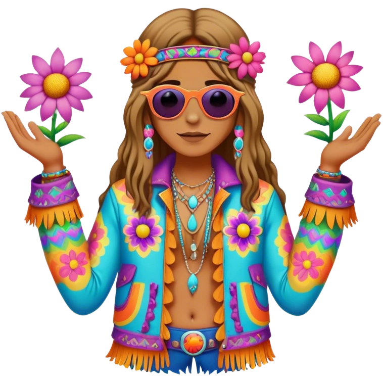 3D, psychedelic colored hippie wearing hip huggers and a fringed jacket with flower border emoji