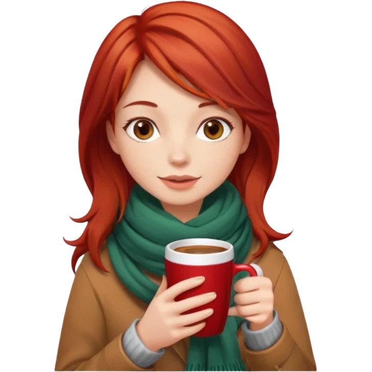 a girl drink with red layer hair, having scarf, drink coffee, enjoy emoji