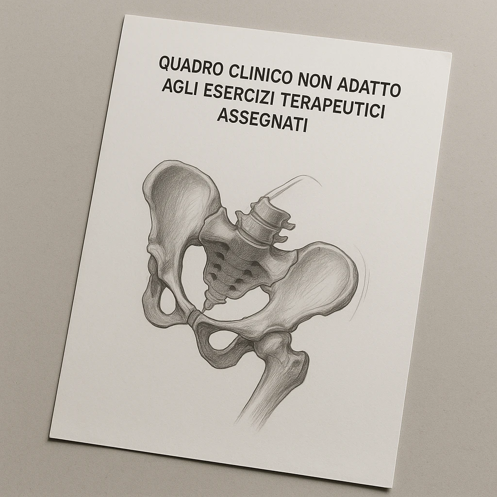 clinical environment sheet of paper with realistic drawing of a tilted human pelvis in the center, title at the top saying 'quadro clinico non adatto agli esercizi terapeutici assegnati', realistic details, professional atmosphere, neutral background emoji