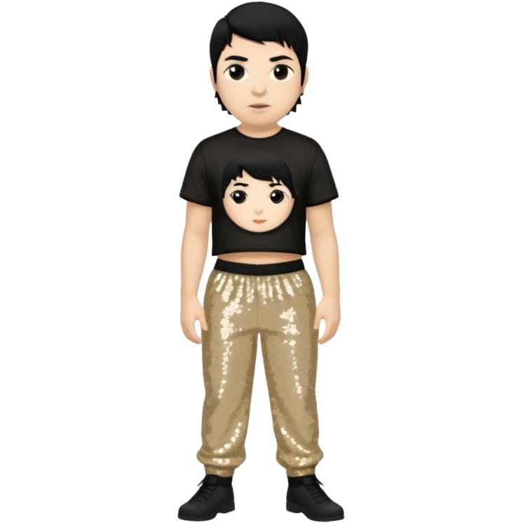 Chino Moreno with black hair, black sequin crop top, beige sequin baggy pants emoji