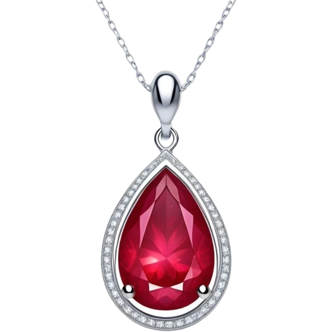 teardrop ruby pendant with delicate silver chain, slightly tilted, inside glowing cosmic embryo surrounded by asymmetrical swirling stardust and fiery trails, radiating ethereal magic emoji