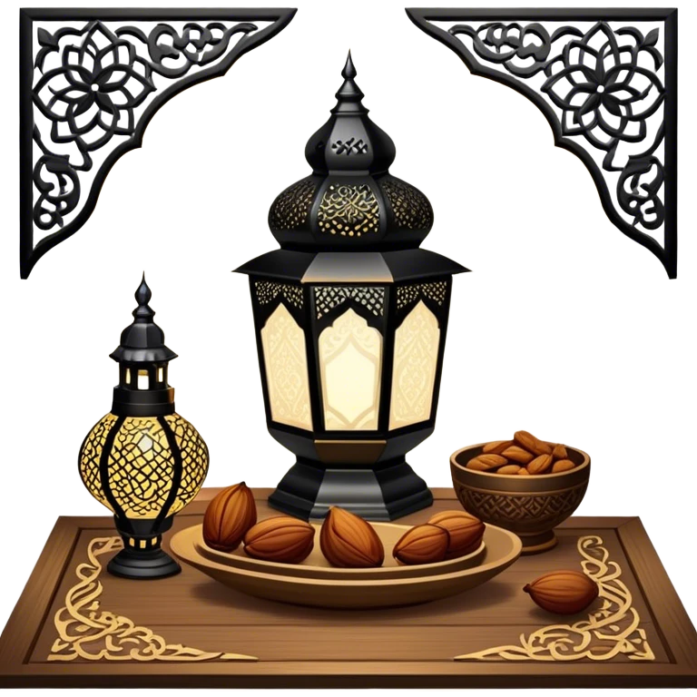A beautifully warm and inviting Ramadan-inspired setting. A glowing ornate lantern sits on a wooden table, casting intricate patterns of light. Beside it, a decorative bowl filled with dates symbolizes hospitality and tradition.  emoji