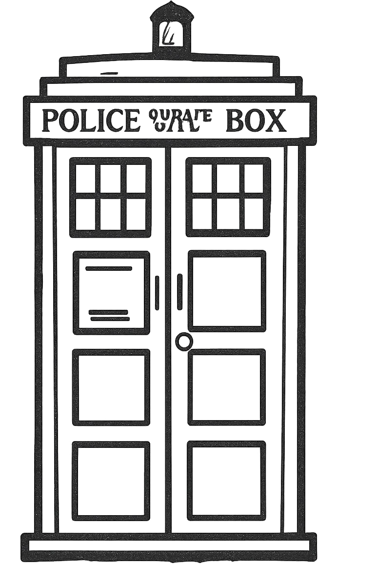Tardis, iconic blue police box, hand-drawn black outline, sketchy style emoji