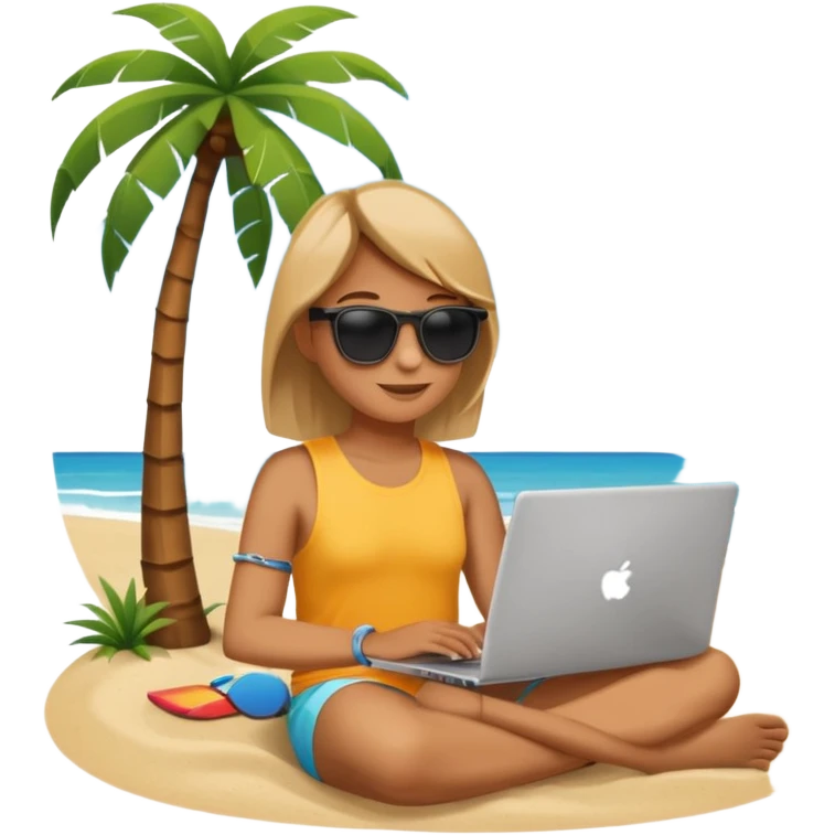 A minimalist emoji-style icon: A gender-neutral person sitting with a laptop on the beach. A palm tree nearby, sun and sea in the background. Relaxed, summery atmosphere. Simplified shapes, no detailed facial features, clean emoji-like design. emoji