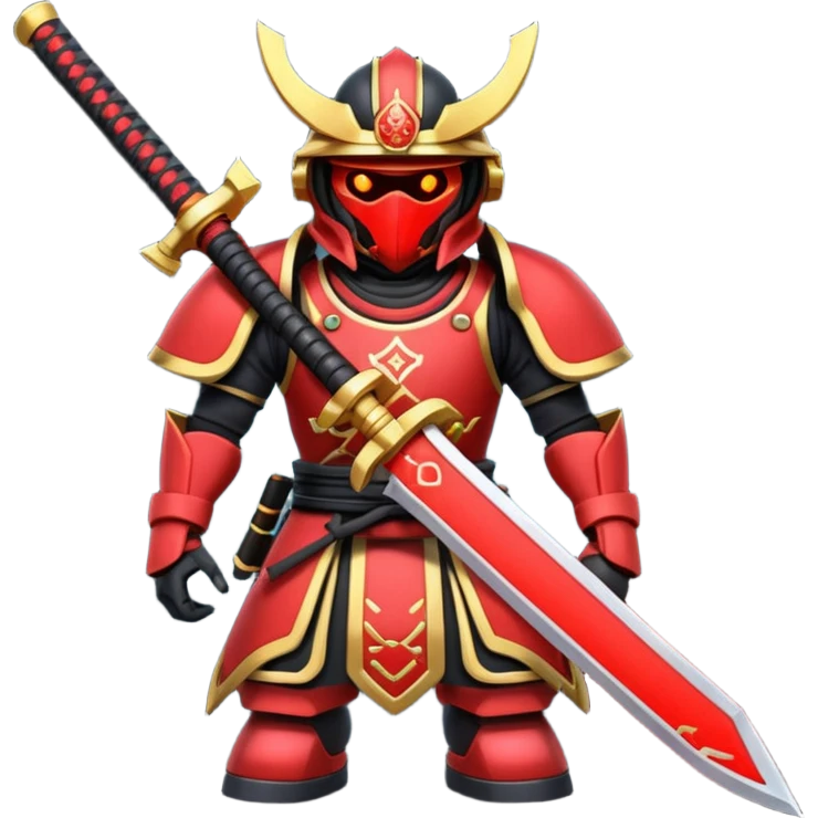 samurai themed space miner tool icon, futuristic mining tool inspired by katana, Japanese armor details, red black gold color palette, glowing energy accents, 3D cartoon, mobile game icon style, clean background, soft shadow, no text, no watermark

 emoji