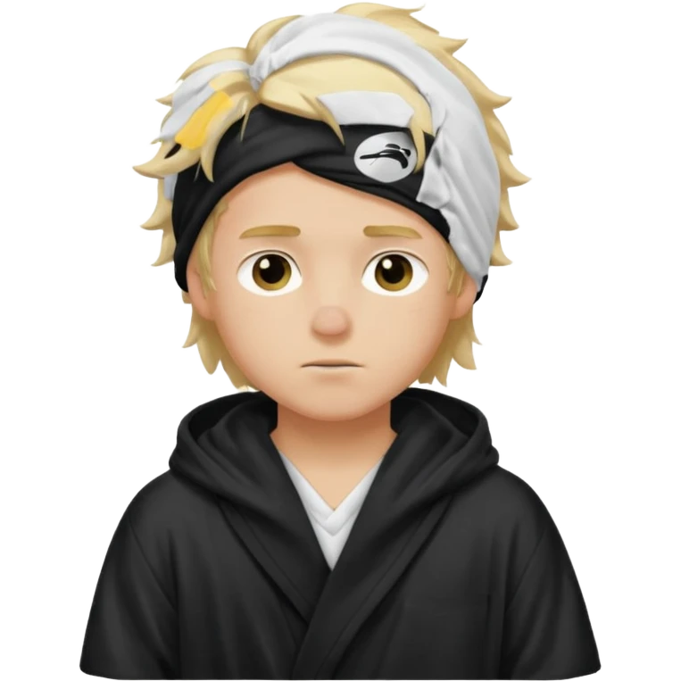 Create a blond boy with long, messy hair, light eyes, a white t-shirt, rich, with long hair, blue eyes, medium-length, voluminous hair, wearing a black Nike bathrobe and a little blush near his nose. and with a  balaclava, but showing her hair. emoji