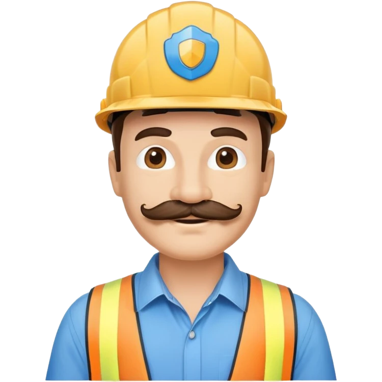 Business owner, well dressed, blue shirt, mustache, construction protection hat, happy emoji