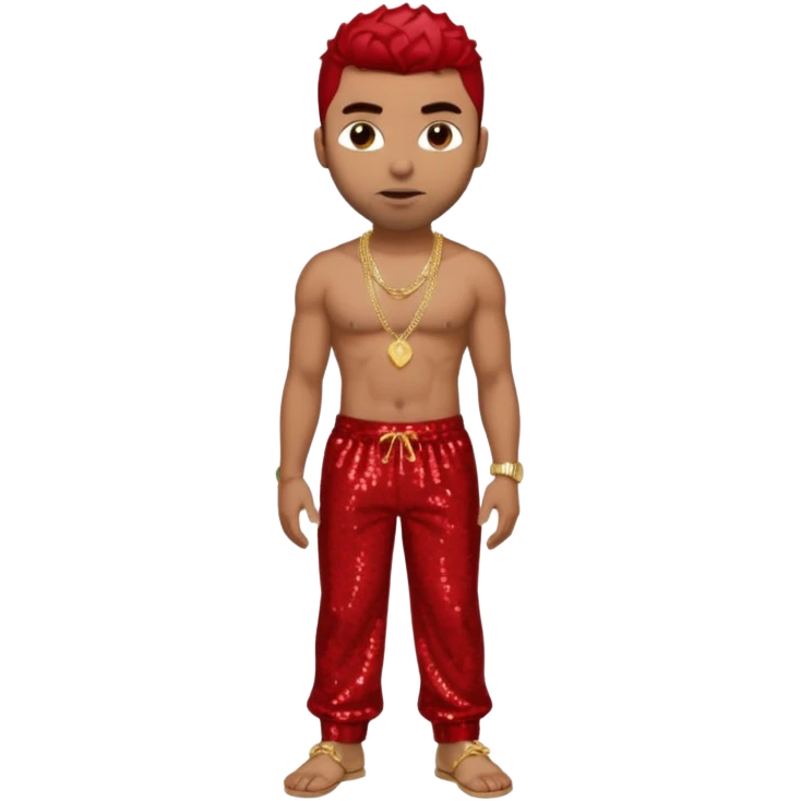 Ginuwine with red sequin baggy pants, shirtless with necklace, dark brown hair emoji