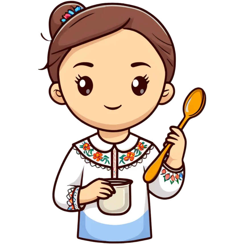 Ukrainian young girl in a white embroidered traditional shirt holding cooking tools like spoon and ladle emoji