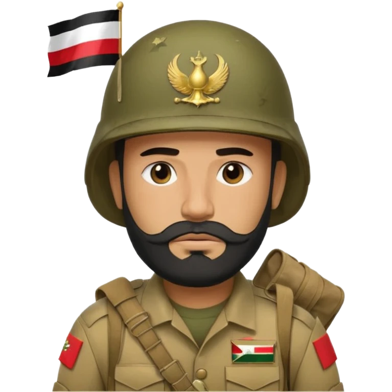 A tired, swarthy Iraqi soldier with a beard, an Iraqi flag on his helmet, a sad expression and bags under his eyes emoji