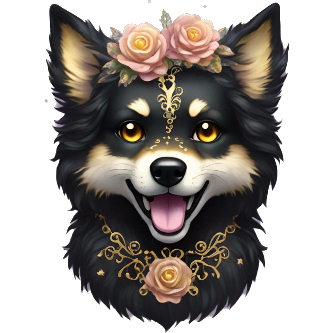 Black iridescent fluffy dog fox head zombie skeleton gold mechanical nebula galaxy stars flowers fairy lights vintage emoji