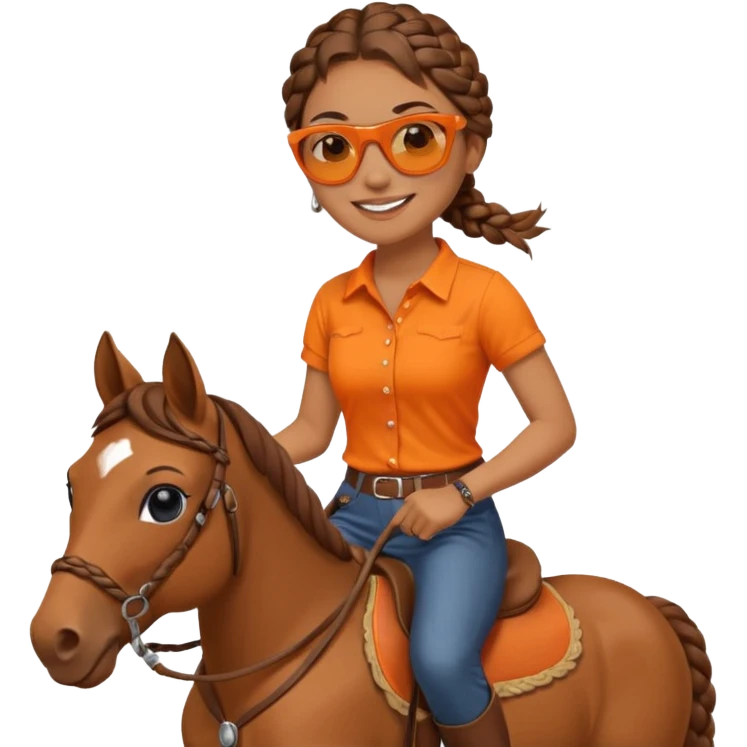 smiling woman with braided hair, sunglasses, orange shirt, riding a horse, cheerful and expressive emoji emoji