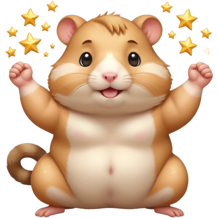 Cute chubby cartoon-style hamster flexing tiny arms like a bodybuilder, sparkles around it, triumphant expression. Painterly shading, white background, sticker-style illustration. emoji