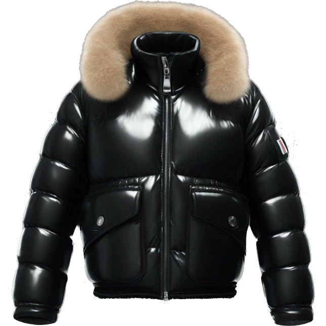 short shiny black moncler jacket with fur reflecting latex emoji