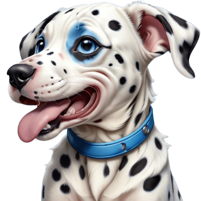 Cinematic Cute Yawning Harlequin Dalmatian Portrait Emoji, Head tilted slightly with a dramatic, wide-open yawn, showcasing a smooth Fur of predominantly white with bold black patches, floppy ears slightly drooping, round blue eyes barely open in drowsy contentment, Simplified yet irresistibly adorable features, highly detailed, glowing with a soft, cozy glow, high shine, relaxed yet expressive, stylized with a touch of whimsy, bright and endearing, soft glowing outline, capturing the essence of a sleepy yet affectionate guardian, so drowsy it feels like it could stretch out of the screen and curl up for a nap! emoji