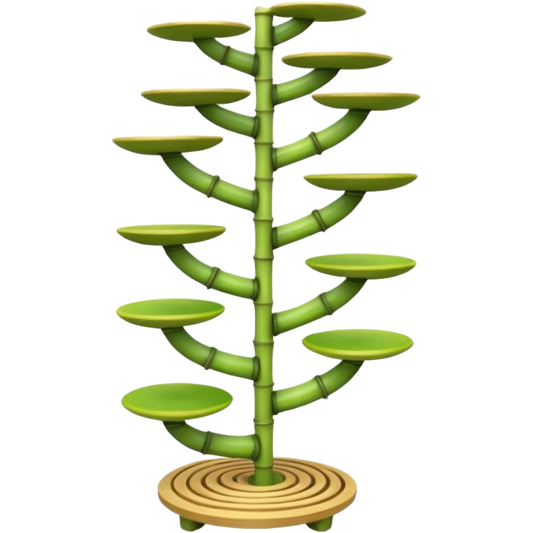 Very Large alien-futuristic multi-tier multi-level curved spiral step plant rack, which holds twenty five constructed from 7/8ths of an inch thin vining bamboo poles  emoji