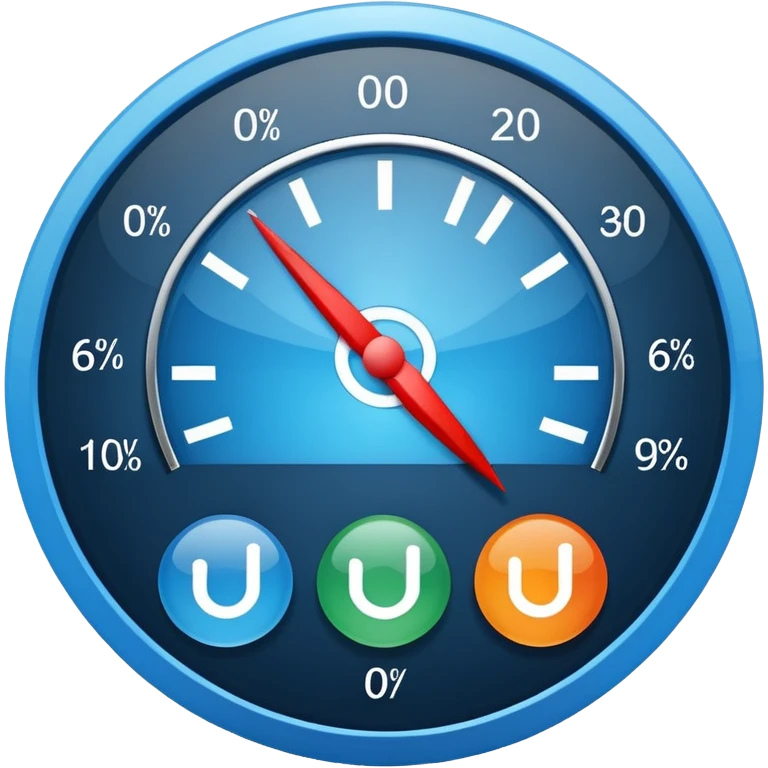 KPI dashboard icon, blue circular chart, 92% in center, two small indicators, glossy rounded minimal emoji