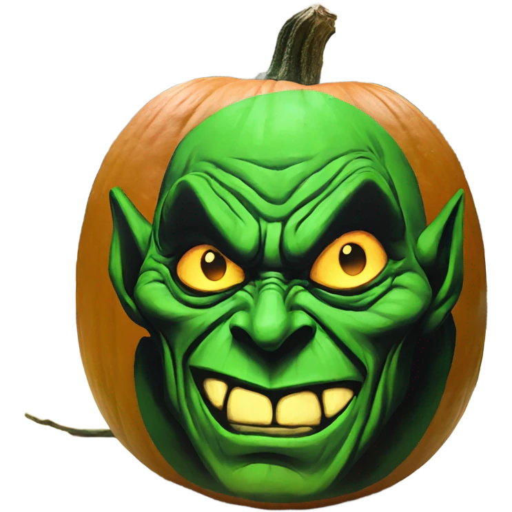 Green Goblin painted on a pumpkin emoji