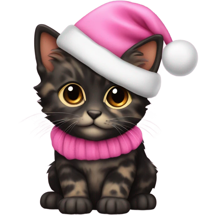 Cute mostly black tortoiseshell kitten wearing a pink Santa hat and coat emoji