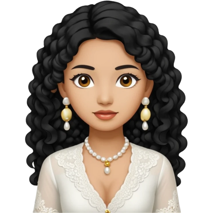 tan skin women, with black long Curly hair, wear white kebaya , and little pearl earring emoji