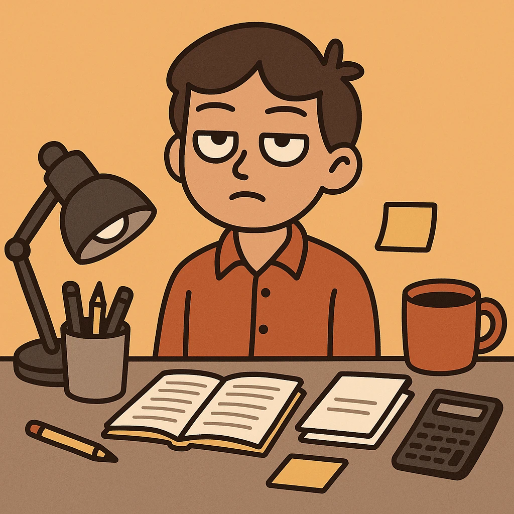 flat toon style person rolling their eyes, unimpressed, surrounded by office supplies emoji
