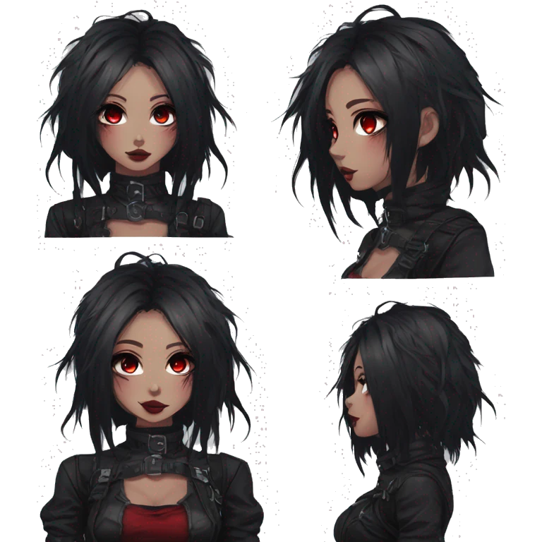 Gorgeous gothic dark techwear anime style lady with blushing face aesthetic and pretty edgy black red punk messy hair with collar and harness trending style emoji