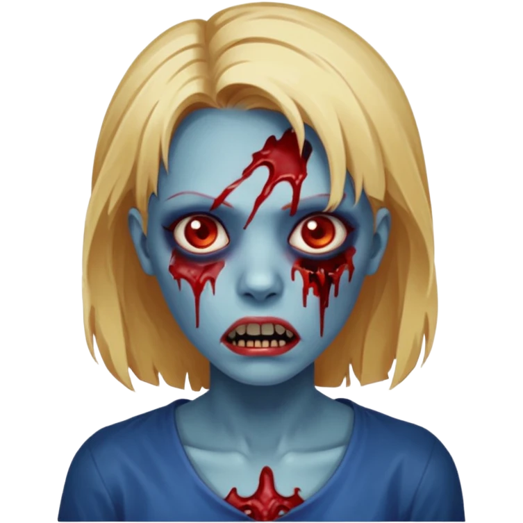 zumbi feminino com cortes no rosto, olhos baixos e vermelhos, cabelo loiro e rosto azul escuro, boca e olhos sangrando cm fundl azul e mais sangues possível emoji