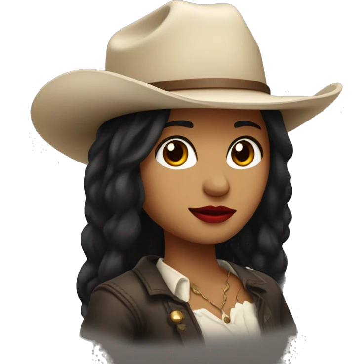 straight black hair,red lipstick,hazel eyes, white skin, a small nose and a cowboy hat  emoji