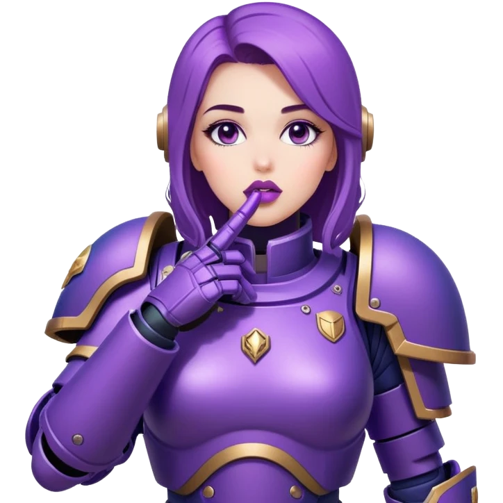 Stunning woman in purple , space marine, full body forward-fashion pose, sending air kiss emoji