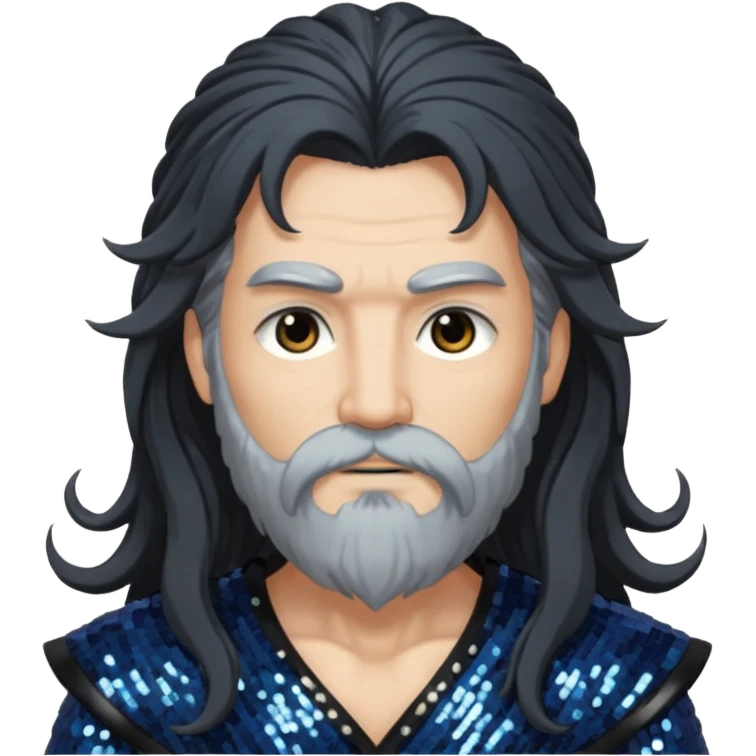 Boreas, God of North Wind from Gods and Goddesses with long black shaggy hair, dark gray sequin outfit emoji
