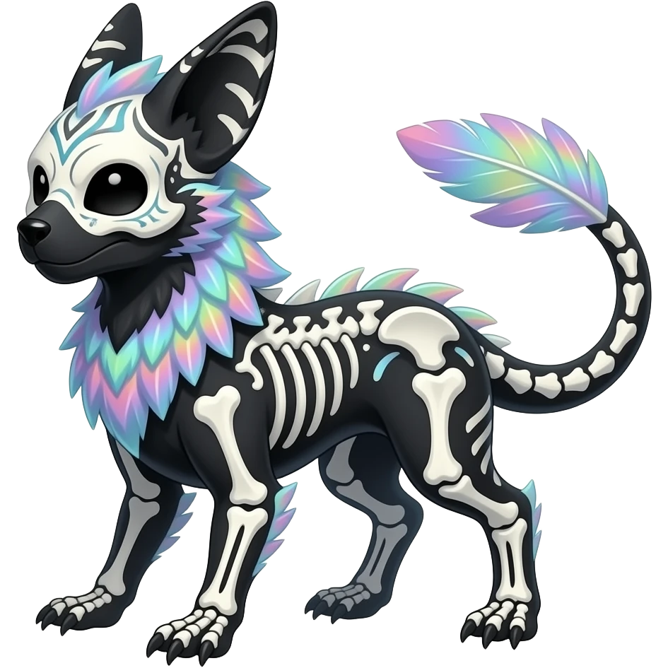 Rare realistic skeletal tribal patterned whitish pastel colorful iridescent shiny glossy feathery epic handsome gorgeous aesthetic black-skulled Vernid-Trico-Sergal-Salandit-Nargacuga-species-Fakemon-creature by LiLaiRa, 4 legs, 1 tail, random markings, (full body) long ears emoji