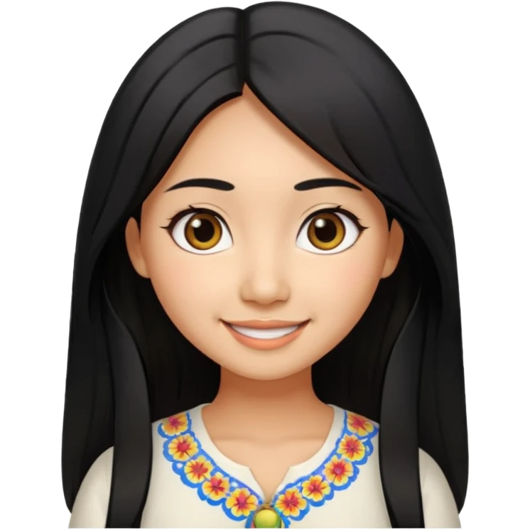 30 yr old asian woman center parted hair big eyes big smile tanned skin straight black hair hippie part hair white blouse emoji