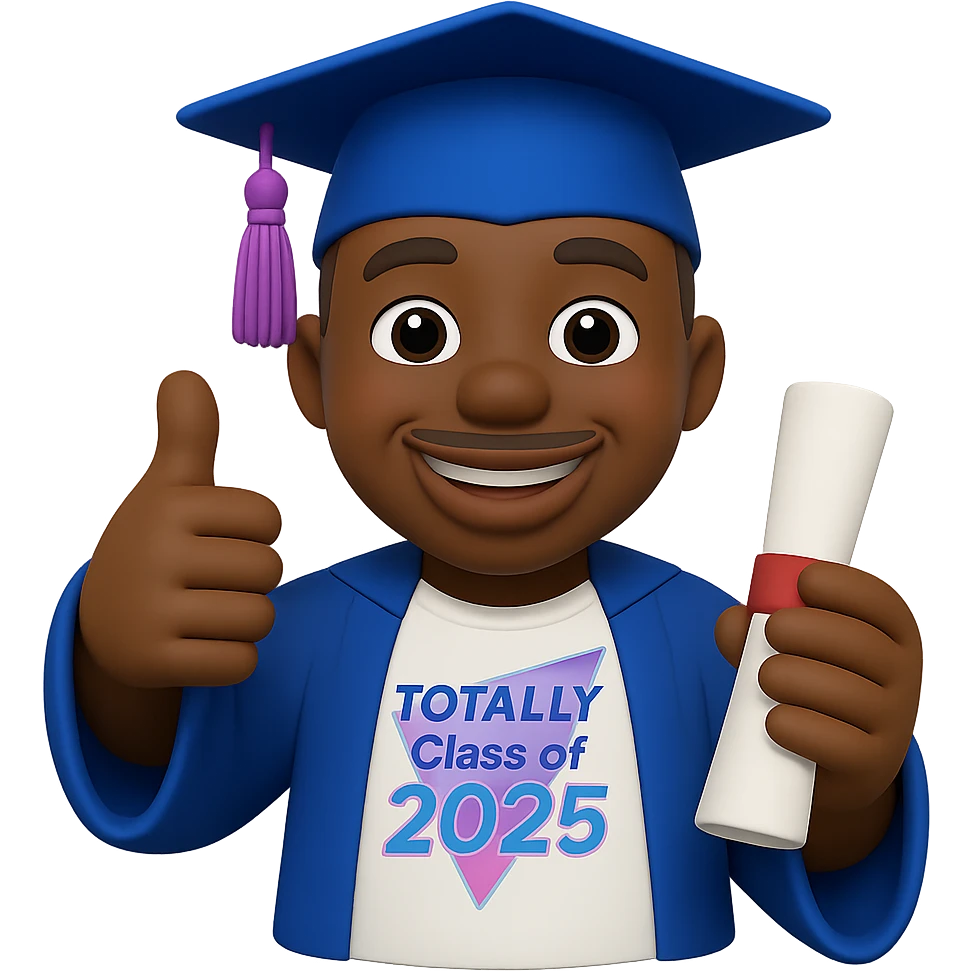Create a cool emoji based on the person in the reference photo, wearing a graduation outfit, holding a diploma in one hand and giving a thumbs up with the other, in a 3D cartoon style. Background should be transparent. emoji