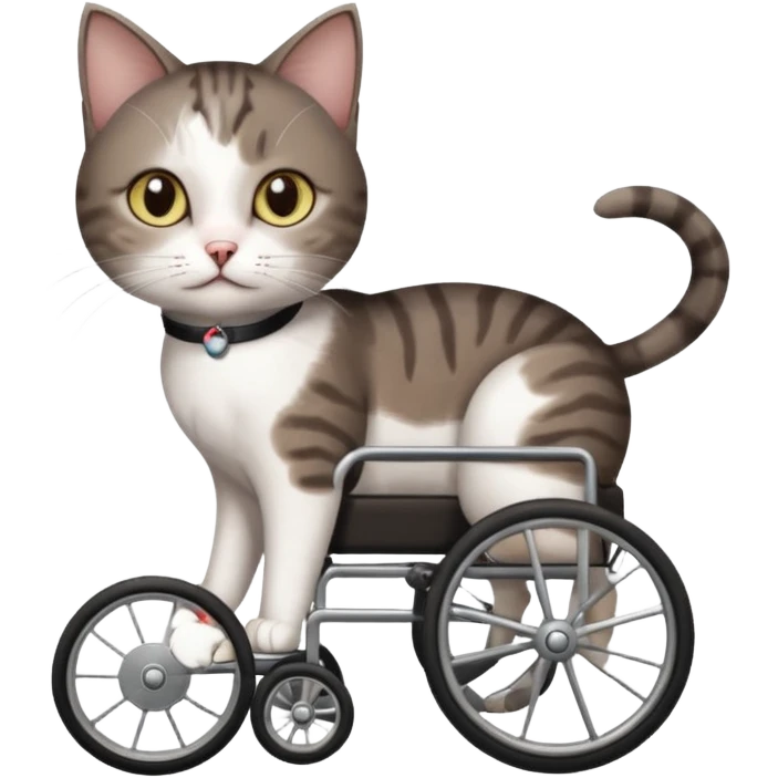 full body small short hair dark brown and white cat with hazel eyes walking in a wheelchair for cats emoji
