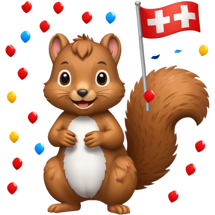 squirrel with Swiss flag, confetti raining down, emoji style emoji