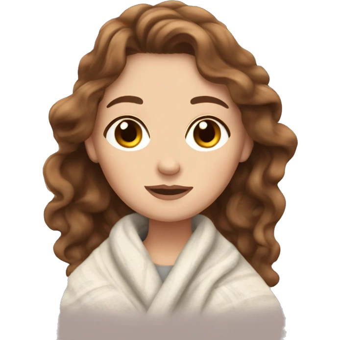 white girl with brown wavy hair cozy in blanket emoji